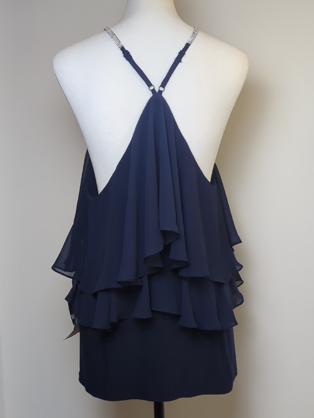 NWT MSK Navy Blue Rhinestone Halter Tiered Chiffon Top Rosette Blouse XL - Picture 10 of 15